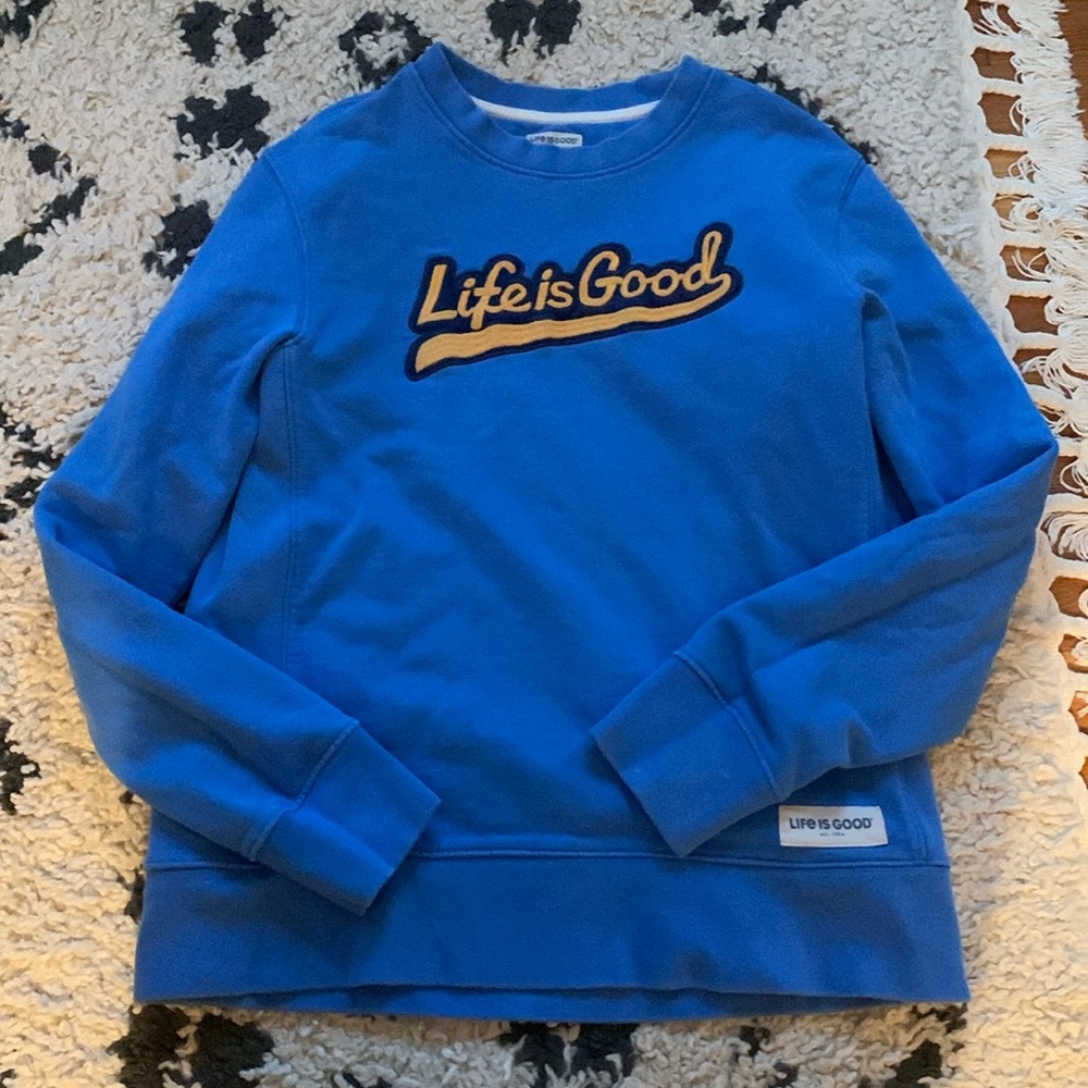 Life is Good Mens Cotton Embroidered Logo Crew Neck Blue Sweat Shirt, Size Small